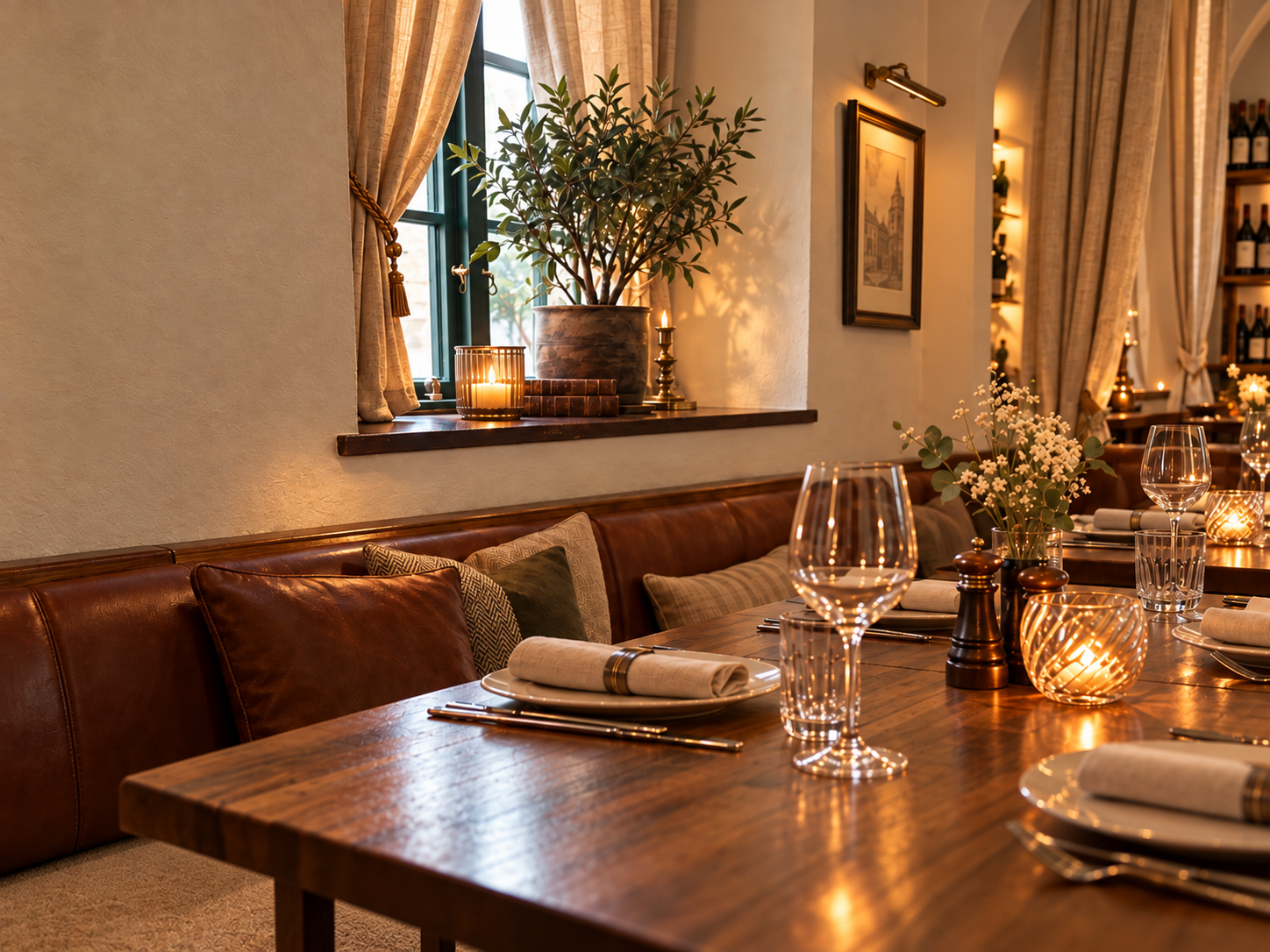 Koncept för dukade bord och cognacsfärgad sittbänk